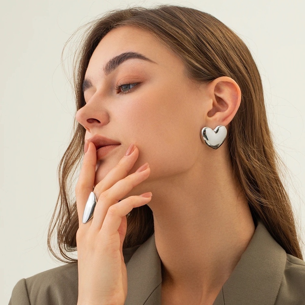 Silver Heart Stud Earrings - Picture 7 of 10